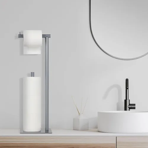 Vista 5 de Soporte de papel higiénico con soporte de papel higiénico de pie con dispensador de rollo de papel higiénico de pie libre de reserva para baño