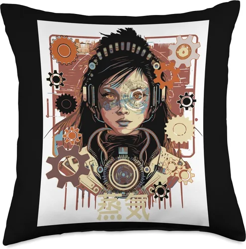 Vista 5 de Steampunk Mechanical Clockwork Japanese Aesthetic Cyber Steampunk - Almohada robot japonesa para niña, 16 x 16 pulgadas, multicolor