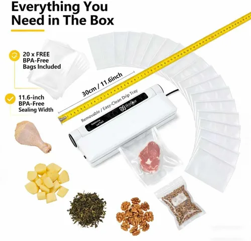 Vista 7 de Máquina selladora al vacío de alimentos, succión fuerte de 75 KPA, modos seco/húmedo, 20 bolsas incluidas, temporizador digital de cuenta regresiva