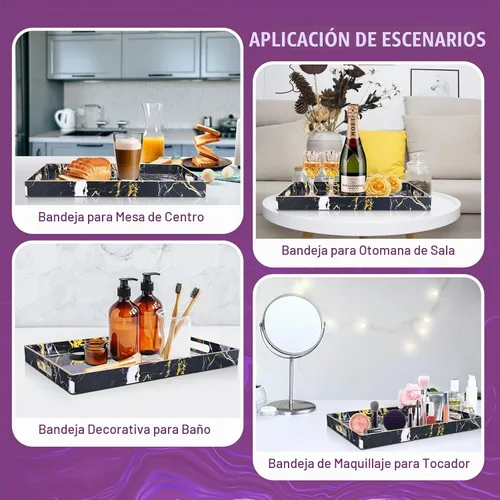 Vista 5 de Gifturbo - Bandeja de servir negra, bandejas de servir decorativas de mármol con asas, bandejas rectangulares de plástico para mesa de café otomanas