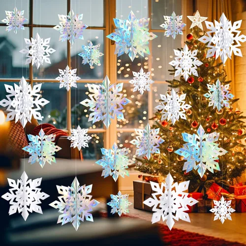 Vista 9 de Decoración colgante de copo de nieve de Navidad de papel para interiores Láser