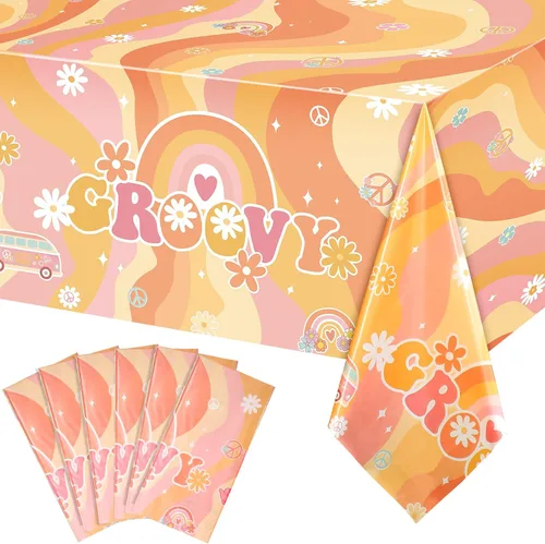 Vista 8 de Tiamon 3 manteles de plástico con diseño de arco iris y estilo hippie retro para mesa rectangular, desechables, margaritas y flores de arco iris