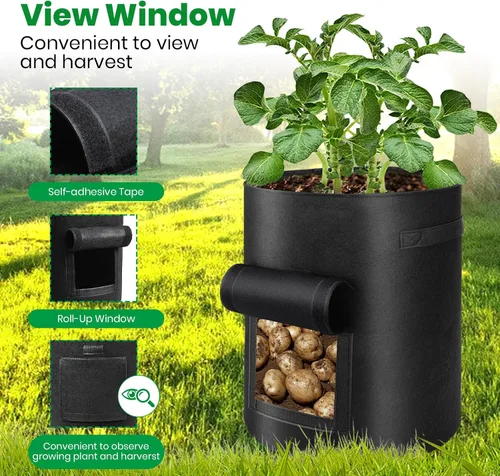 Vista 6 de Paquete de 6 bolsas de cultivo de papas, bolsas de plantación de 10 galones, macetas grandes de tela con ventana de solapa, maceta de jardín, Negro