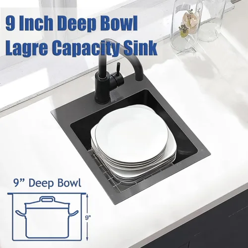 Vista 5 de Hotis Fregadero de Barra Negro Empotrable, Fregadero de Cocina Pequeño de 15x15 de Un Solo Tazón, Fregaderos Negros de Acero Inoxidable para Bar