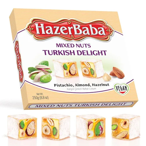 Vista 10 de Hazer Baba Delicias Turcas, Caja de bocadillos gourmet con nueces mixtas y sabor a vainilla, bocadillo tradicional vegano, Lokum turco, dulces
