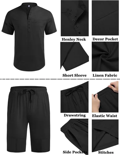 Vista 5 de COOFANDY Conjunto de 2 piezas de lino para hombre, camisas y pantalones cortos Henley de manga corta y pantalones cortos de verano para playa y yoga