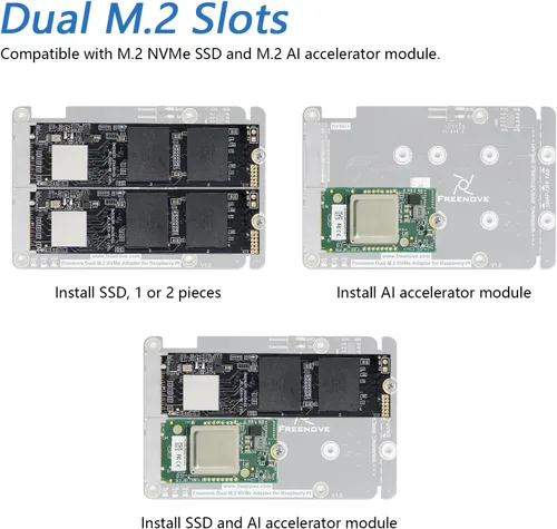 Vista 2 de Freenove Dual M.2 NVMe SSD HAT para Raspberry Pi 5, adaptador M.2 AI HAT 2 ranuras NAS RAID Kit, unidad de estado sólido tamaño 2230 2242 2260 2280