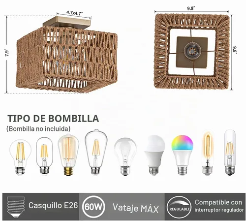 Vista 3 de Rpzloila Lámpara de Techo de Ratán, Accesorio de Luz Bohemia Dorada, Lámpara de Techo Cuadrada de Montaje Empotrado para Dormitorio, Pasillo