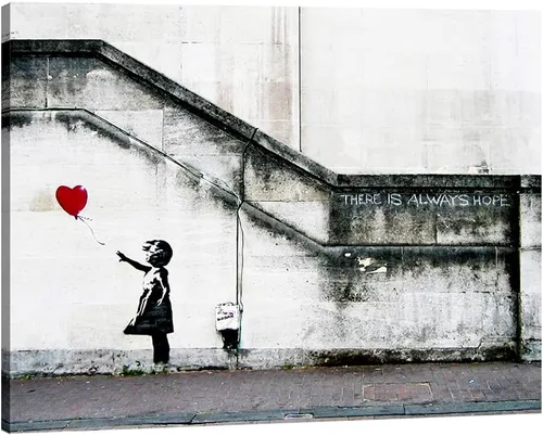 Vista 8 de Pyradecor Banksy Grafitti Girl with Red Balloon Grey Love Pictures Cuadros sobre lienzo, arte de pared moderno, impresiones en lienzo para sala