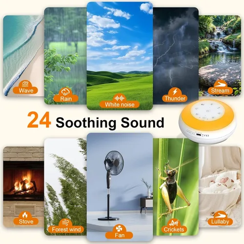 Vista 2 de Máquina portátil de sonido de ruido blanco para bebés, niños y adultos, 24 sonidos naturales relajantes, luz nocturna de 7 colores, altavoz