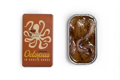 Vista 7 de Pulpo español enlatado en salsa de ajo Atrapado silvestre, vitaminas B, Omega-3 Mariscos enlatados por Ati Manel Lata de 8 x 3.88 oz