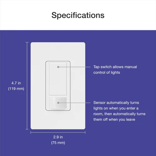 Vista 11 de Lutron Maestro Interruptor de luz con sensor de movimiento y placa de pared para baño, garaje, lavandería, cualquier bombilla, sensor de ocupación