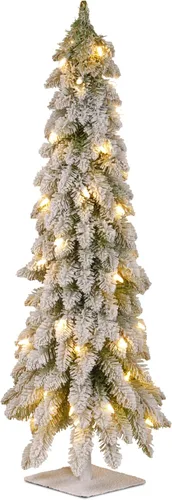 Vista 6 de National Tree Company - Mini árbol de Navidad artificial preiluminado de 2 pies Snowy Downswept Forestree, 50 luces transparentes, 130 puntas, base