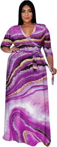 Vista 8 de Runwind Vestidos de Talla Grande para Mujeres Vestido Maxi Floral Suelto Manga 3/4 con Cinturón 01-Negro