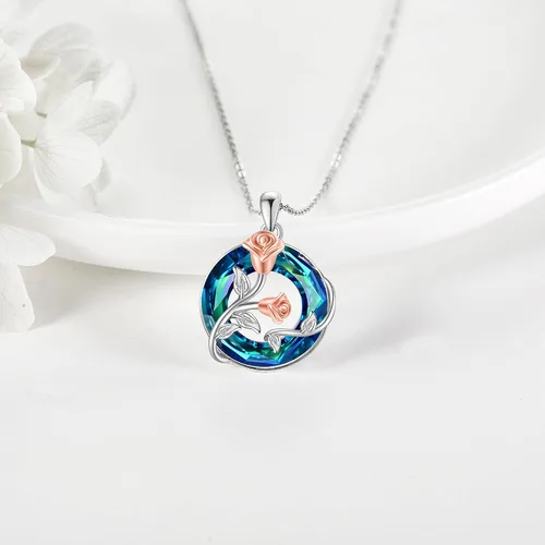 Vista 5 de URONE Collar de flor de rosa de plata de ley 925 con colgante de rosa con círculo de cristal de flor de nacimiento de junio, regalo de joyería