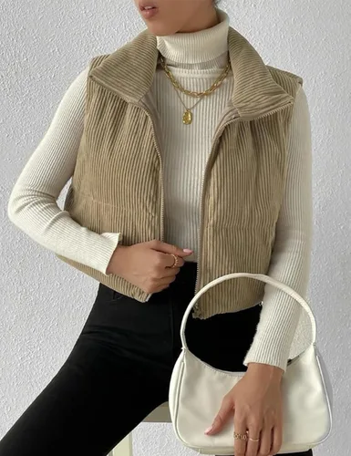 Vista 3 de Gihuo Chaleco acolchado de pana para mujer, con cuello alto, con cremallera, acolchado, sin mangas, chaleco