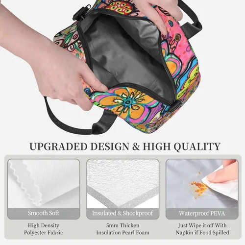 Vista 4 de Bolsa de almuerzo con diseño de flores de arte hippie reutilizable, aislada, lonchera con correa ajustable para el hombro, para oficina, trabajo