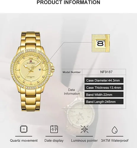 Vista 4 de NAVIFORCE diamante acero inoxidable analógico cuarzo relojes para hombres impermeable reloj calendario clásico reloj luminoso