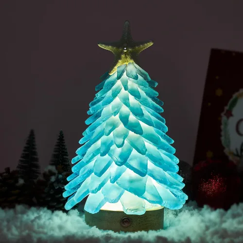 Vista 2 de Árbol de Navidad de cristal azul marino - Mini árbol de Navidad con luces LED Centro de mesa hecho a mano, ideal para Navidad, Año Nuevo