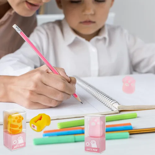 Vista 6 de 4 sacapuntas de pata de gato, bonitos sacapuntas manuales kawaii para niños, papelería rosa y amarilla, artículos esenciales de regreso a clases