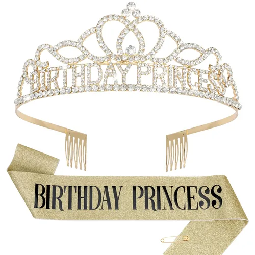 Vista 9 de CIEHER Set de Corona y Banda, Decoraciones de Cumpleaños de Princesa, Oro, Talla única