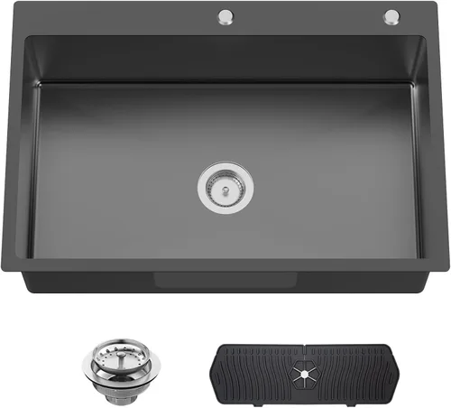 Vista 22 de Fregadero Negro de Cocina y Bar, Fregadero de Cocina de Acero Inoxidable de 15 x 17 Pulgadas para Empotrar, Fregadero de Bar Moderno de Un Solo