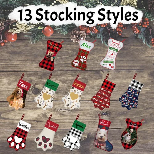 Vista 2 de Calcetines de Navidad personalizados con foto de nombre, medias personalizadas en forma de hueso para perros, gatos, mascotas, medias de Navidad