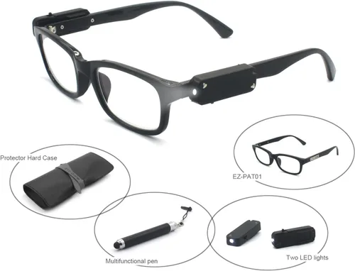 Vista 3 de Gafas de lectura iluminadas LED con lápiz capacitivo 2 en 1 y bolígrafo, negro y tortuga