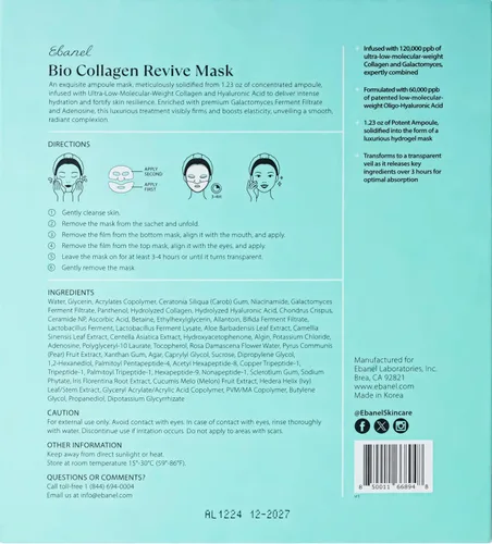 Vista 10 de Ebanel Mascarilla Facial de Bio Colágeno, Paquete de 4 Mascarillas Faciales Hidratantes con 7 Péptidos, Ácido Hialurónico, Niacinamida, Centella