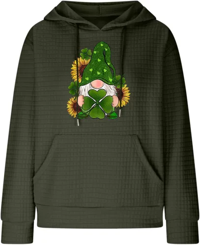 Vista 4 de Womens St. Patricks Day Hoodie Waffle Knit Cute Gnome Graphic Oversized Sweatshirts Casual Long Sleeve Pullover