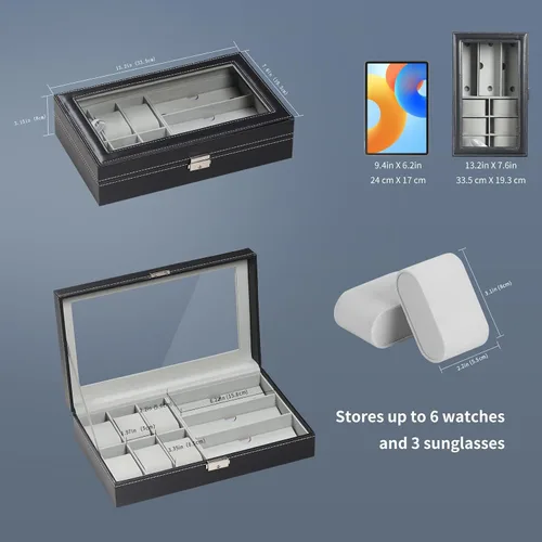 Vista 2 de AUTOARK AW-004 - Caja de cuero para 6 relojes y 3 lentes y gafas de sol con organizador de joyas, cajas de almacenamiento para hombre y mujer, tapa