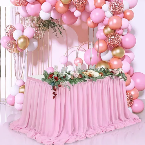 Vista 2 de QueenDream Falda de mesa de gasa rosa de 6 pies, mantel rosa para mesas rectangulares, cumpleaños, princesa, niña, baby shower, fiesta