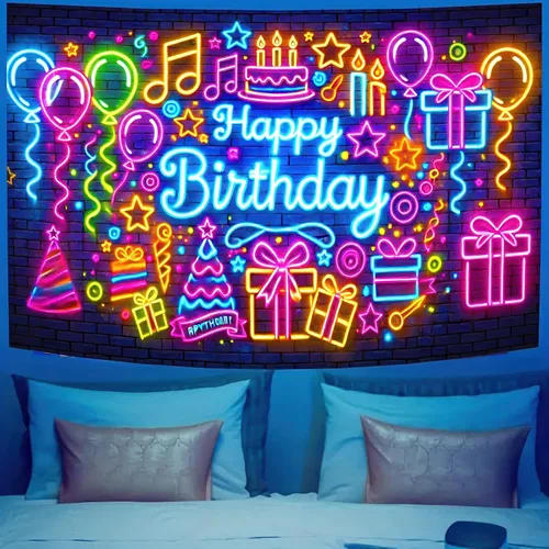Vista 6 de HOMETITUTE Cartel de neón para fiesta de cumpleaños que brilla en la oscuridad, telón de fondo de fotografía de fiesta de cumpleaños neón para niños