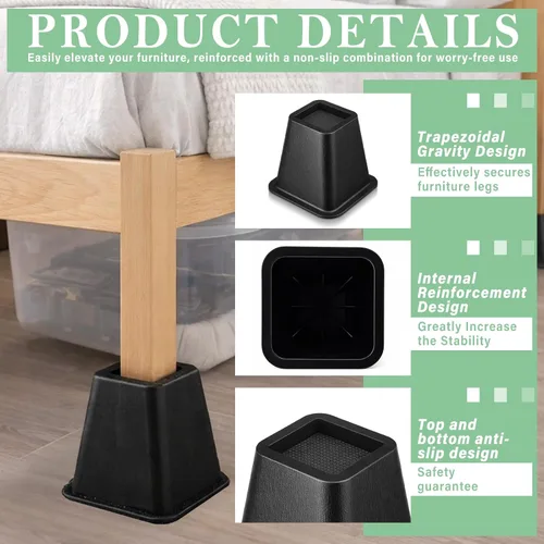 Vista 3 de Novabright Paquete de 4 elevadores de cama para dormitorio universitario de 6 pulgadas, extensores de cama de plástico extra resistentes, apilables