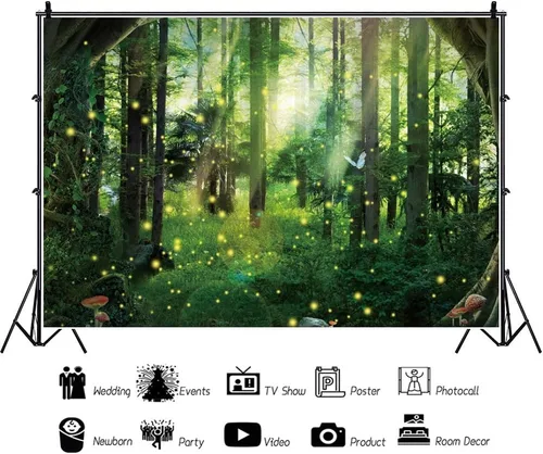 Vista 3 de Telón de fondo de fotografía de bosque de fantasía mágica, selva, safari, fiesta, fondo de fiesta, luz del sol, primavera, árbol verde, mariposa