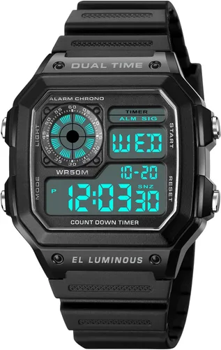 Vista 3 de PASOY Reloj de pulsera digital multifunción para hombre, con hora doble, alarma, cronómetro, cuenta regresiva, retroiluminación, resistente al agua