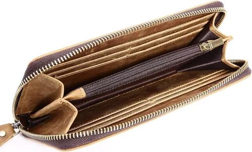 Vista 3 de Cartera larga para hombre de piel auténtica con cierre RFID bloqueo Vintage Bifold