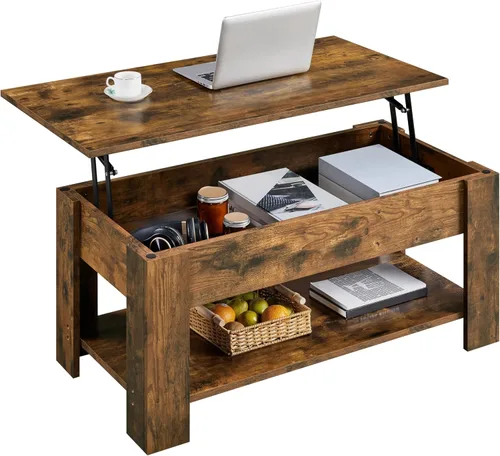 Vista 15 de Yaheetech Mesa de café de madera, mesa de centro con estante de almacenamiento oculto grande, mesa de comedor con superficie elevada para sala