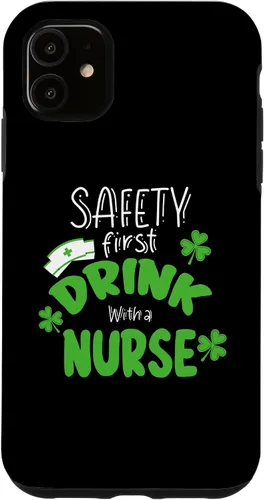 Vista 5 de iPhone 15 Safety First Drink With A Nurse Funny RN St. Patrick's Day Case