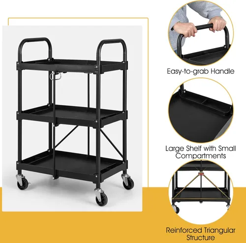 Vista 4 de Goplus Carrito plegable con ruedas, carrito de herramientas de 3 niveles con ruedas y compartimentos bloqueables, carrito de servicio de metal