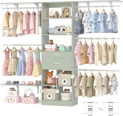 Vista 11 de Sistema de armario pequeño de 5 pies, sistema organizador de armario para bebés con cajones de madera, sistema de vestidor de 60 pulgadas con 5