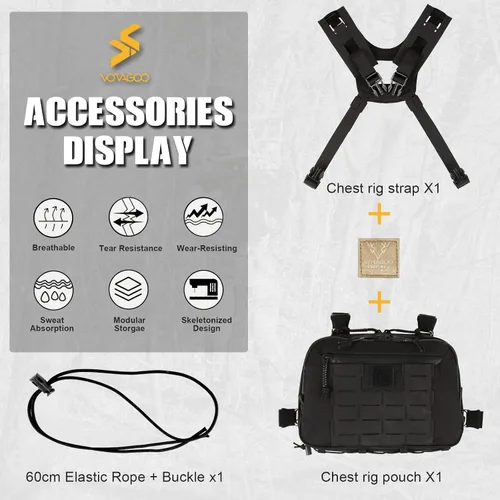 Vista 6 de VOTAGOO GEAR Bolso táctico del aparejo del pecho, aparejo del pecho de Hypalon Molle de la utilidad 3L con el bolso del pecho del bolsillo 500D Negro