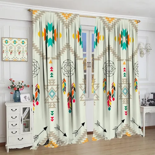 Vista 410 de Cortinas con patrón geométrico tribal, estilo suroeste, azteca, rústico, occidental, nativo americano, opacas, con bolsillo para barra, decoración