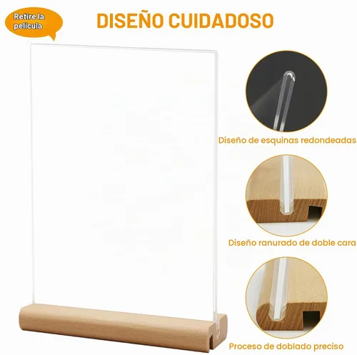 Vista 4 de trophable L/T forma clara titular de acrílico signo con base de madera