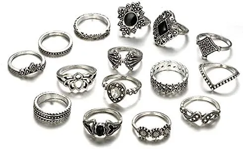 Vista 8 de 6-16 anillos apilables de nudillos para mujeres y adolescentes bohemios vintage apilables dorados plateados juego de anillos de varios anillos