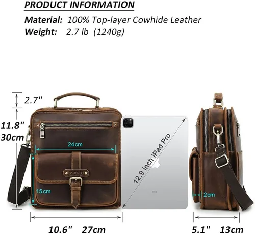 Vista 3 de Contacts Crazy Horse - Bolsa de mensajero de cuero para hombre de 12.9 pulgadas, bolsa para iPad con asa, bolsa de hombro cruzada, maletín vintage