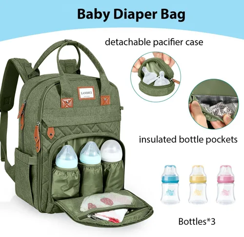 Vista 3 de LANDICI Mochila para pañales multifunción con cambiador, correas para cochecito y funda para chupete, mochila de viaje para mamá, papá, niño, niña