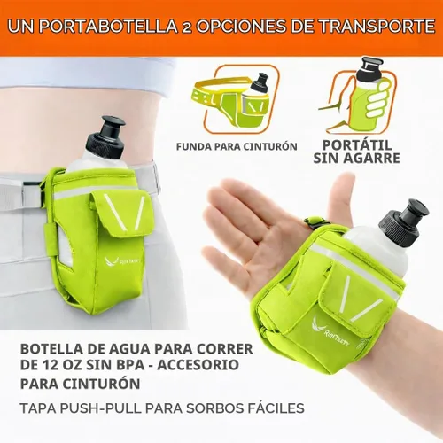 Vista 2 de Diversión para correr 2 en 1: botella de agua de mano de 12 onzas y complemento de cinturón para correr. Correas de diseño sin agarre en la mano
