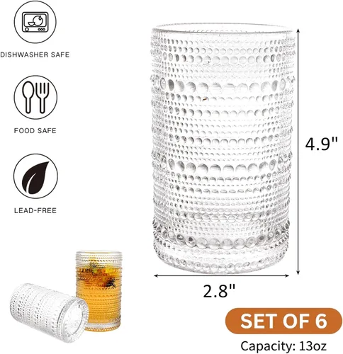 Vista 2 de ZOOFOX Juego de 6 vasos de bebida vintage, vasos transparentes de 13 onzas, cristalería con diseño en relieve para bebidas, agua, jugo, cerveza