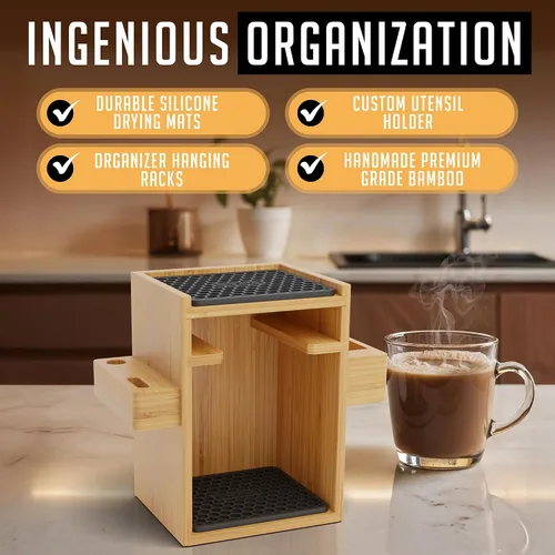 Vista 5 de HEXNUB Soporte organizador compacto AeroPress, organizador de café de bambú para cafetera AeroPress, accesorios, filtros, tazas, incluye